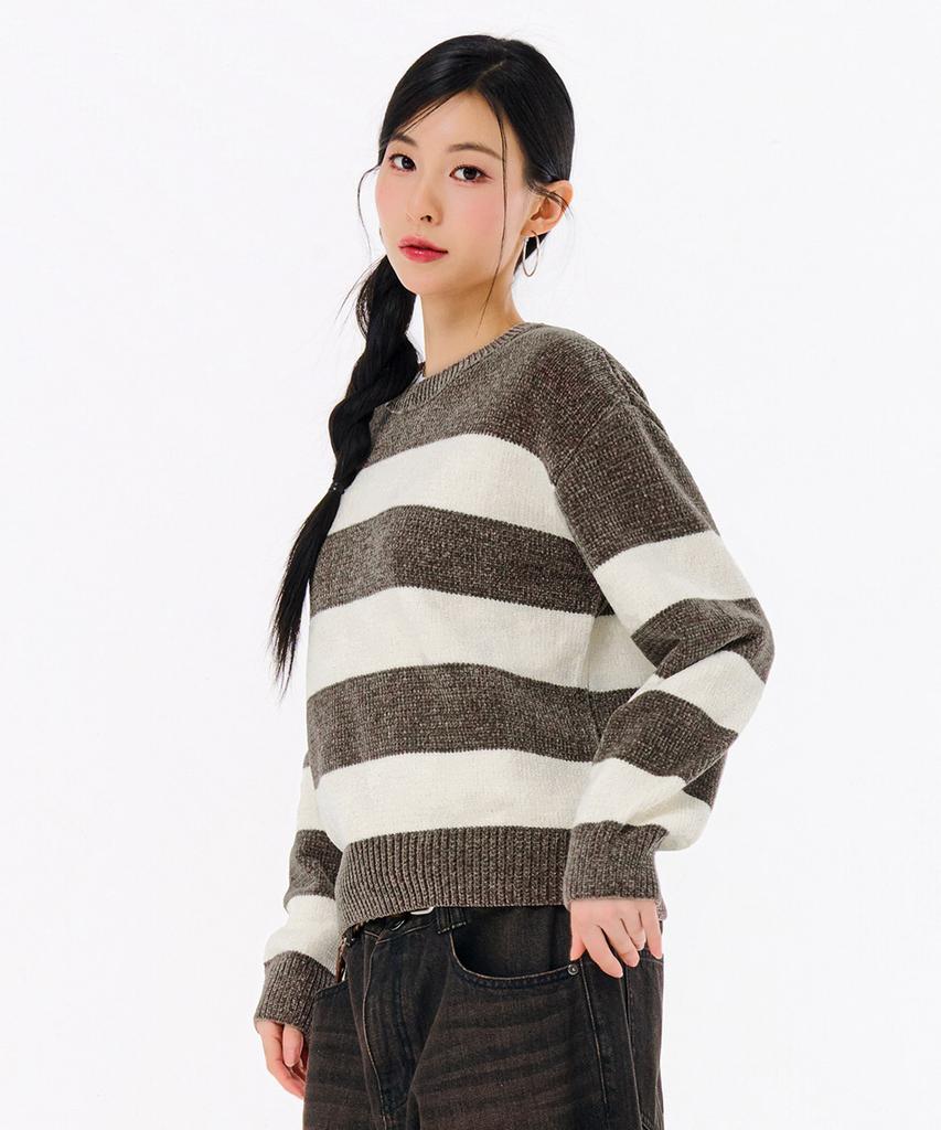 CHASECULT Women'S Striped Round Sweater - Brown