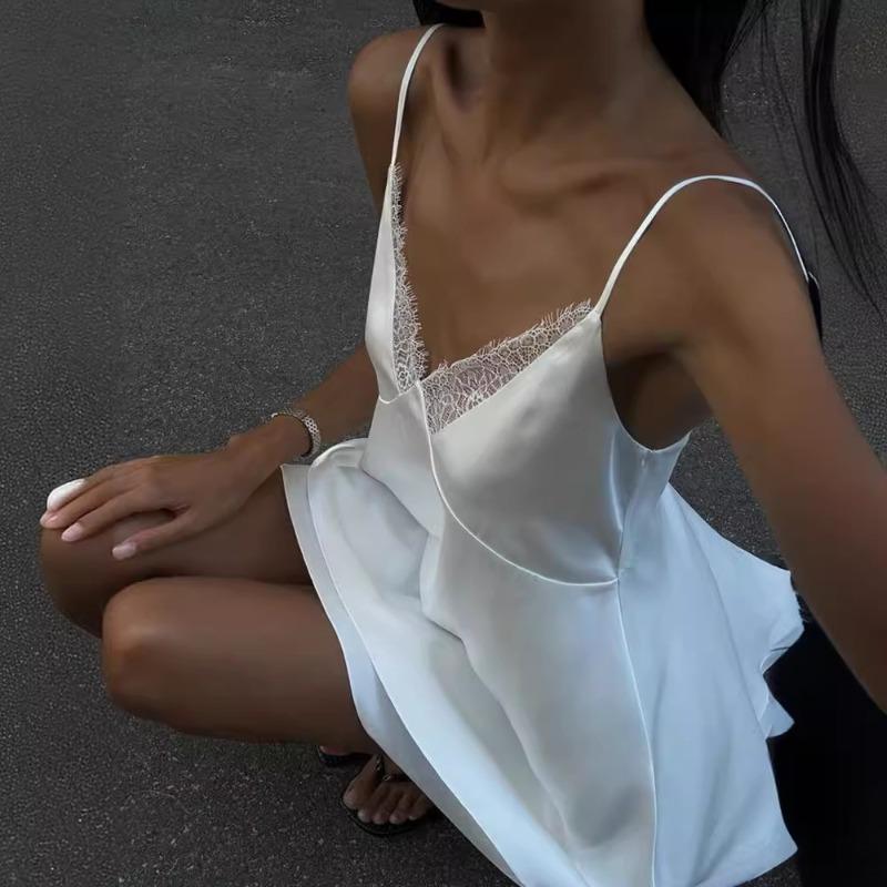 Women's Summer Fashion Temperament V-neck Satin Sexy Lace Patchwork Spice Girl Dress