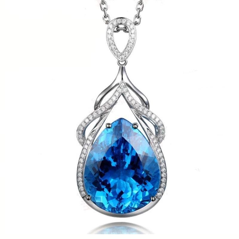 Light Luxury Mermaid Tears Necklace Women'S Micro-Inlaid Zircon Synthetic Blue Topaz Droplet Pendant