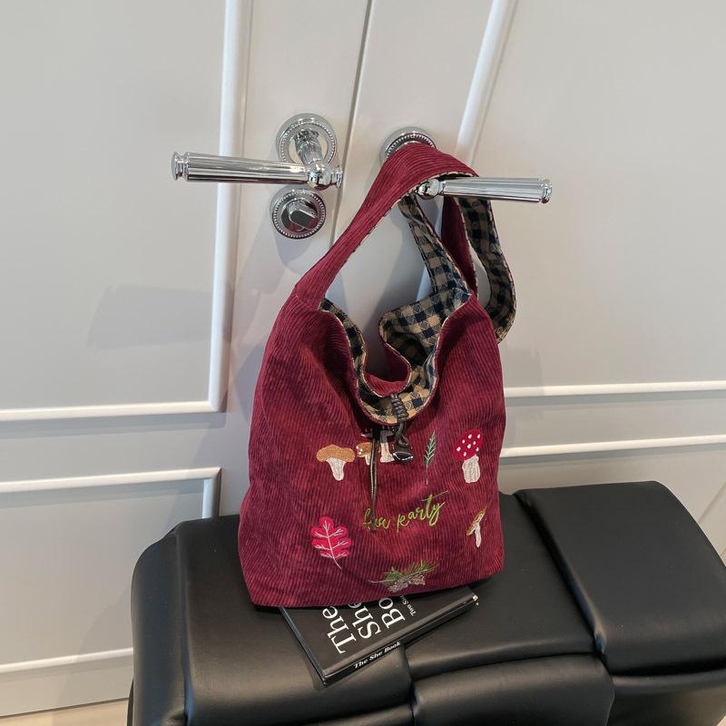 Mori Mushroom Embroidered Shoulder Messenger Bag Corduroy Plaid Double-sided Bag Autumn and Winter New Retro Student Class Bag