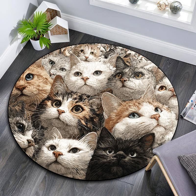 Curious Cat Round Area Rug,Carpet Rug for Living Room Bedroom Sofa Playroom Decor,Non-slip Floor Mat