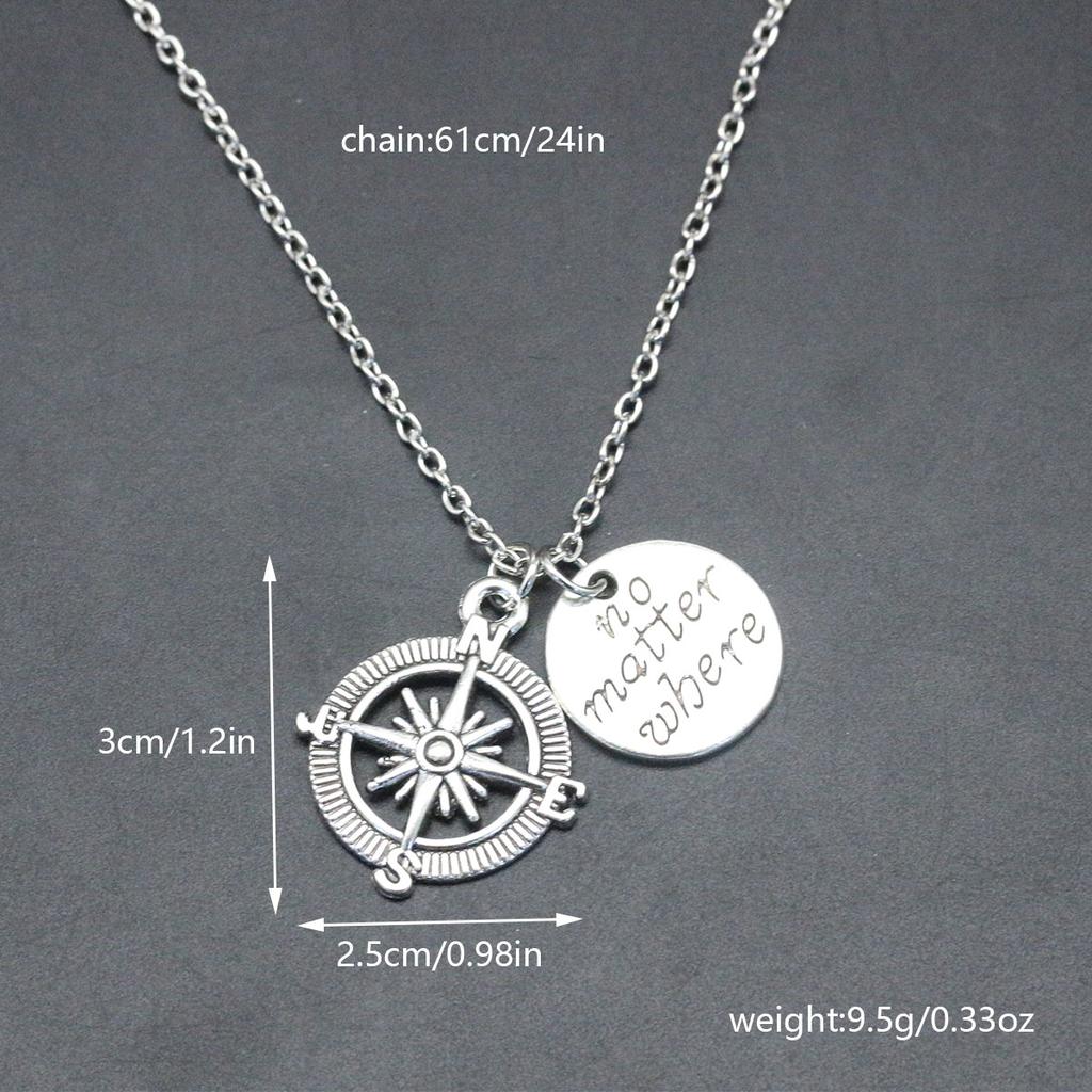 Vintage Style Compass Necklace With Inspirational No Matter Where Pendant Minimalist Silvery Chain Jewelry Accessory For Travel And Daily Wear