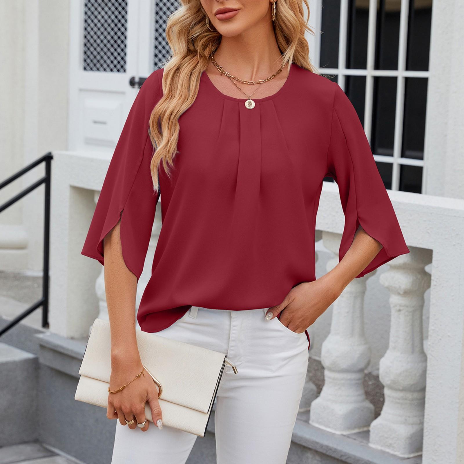 

Women s Solid Color Round Neck Half Sleeve Loose Chiffon Blouse XXL винний