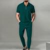 2024 Summer Youth Waffle Knit Zip-Up Top & Long Pants Two-Piece Set