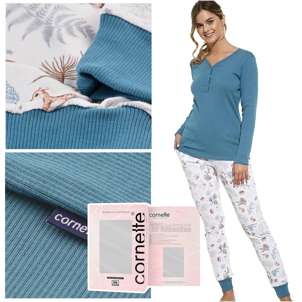 Cornette Piżama Damska Długi Rękaw Spodnie Niebieska Bawełna Rozmiar