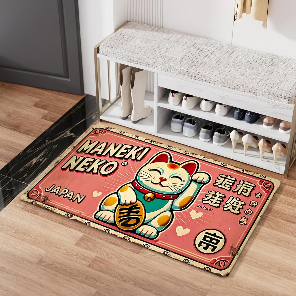 Lucky Maneki Neko Flannel Doormat, Japanese Style Non-Slip Mat, Machine Washable Decor for Home Office Entrance