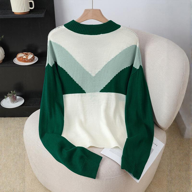 YYFS Damen Mode Lässig Herbst Winter Farbblock Print Langarm O-Ausschnitt Oberteile Damenbekleidung Wollstrickwaren Pullover