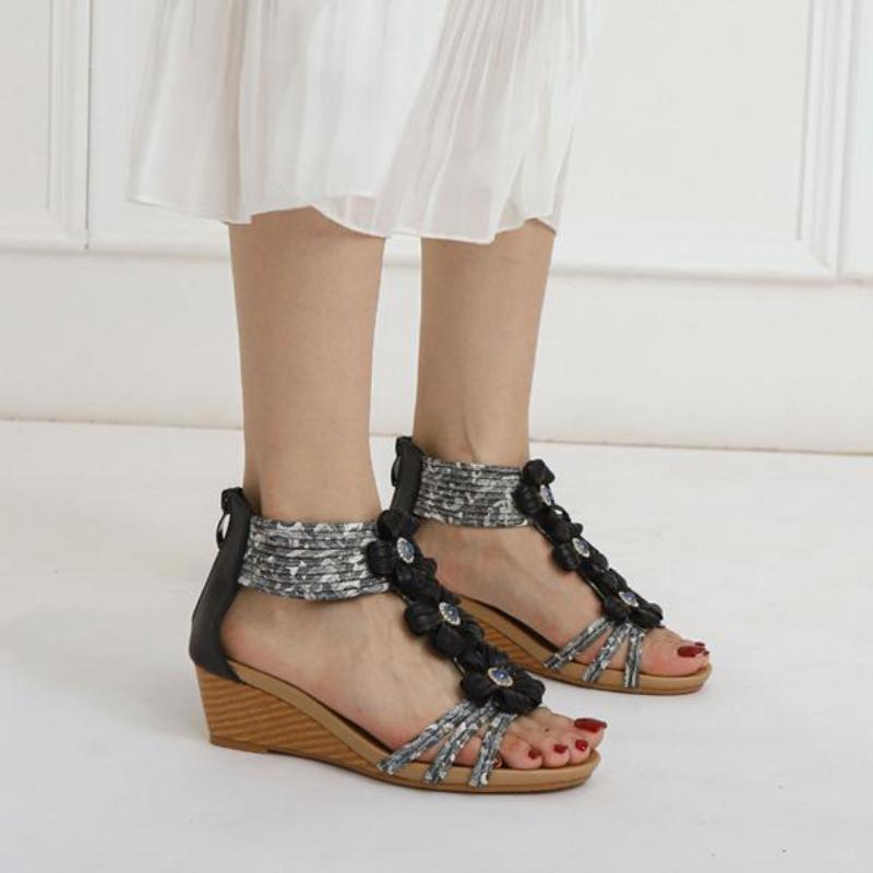 Mode 2025 Compensées Sandales d'été Chaussures pour femmes Fermeture éclair Cheville Bout ouvert Bohème Mode Sandales de plage Chaussures habillées pour femmes Sandalias De Mujer