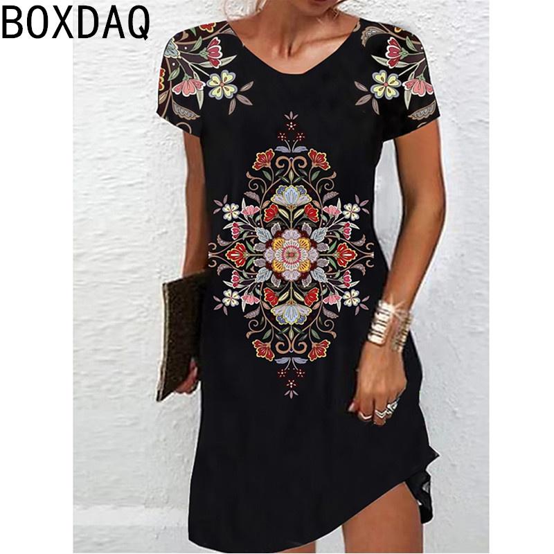 

Винтажное повседневное платье А-силуэта Элегантное женское платье с этническим цветочным принтом 3D Летнее свободное платье с круглым вырезом и короткими рукавами Vestidos 3XL