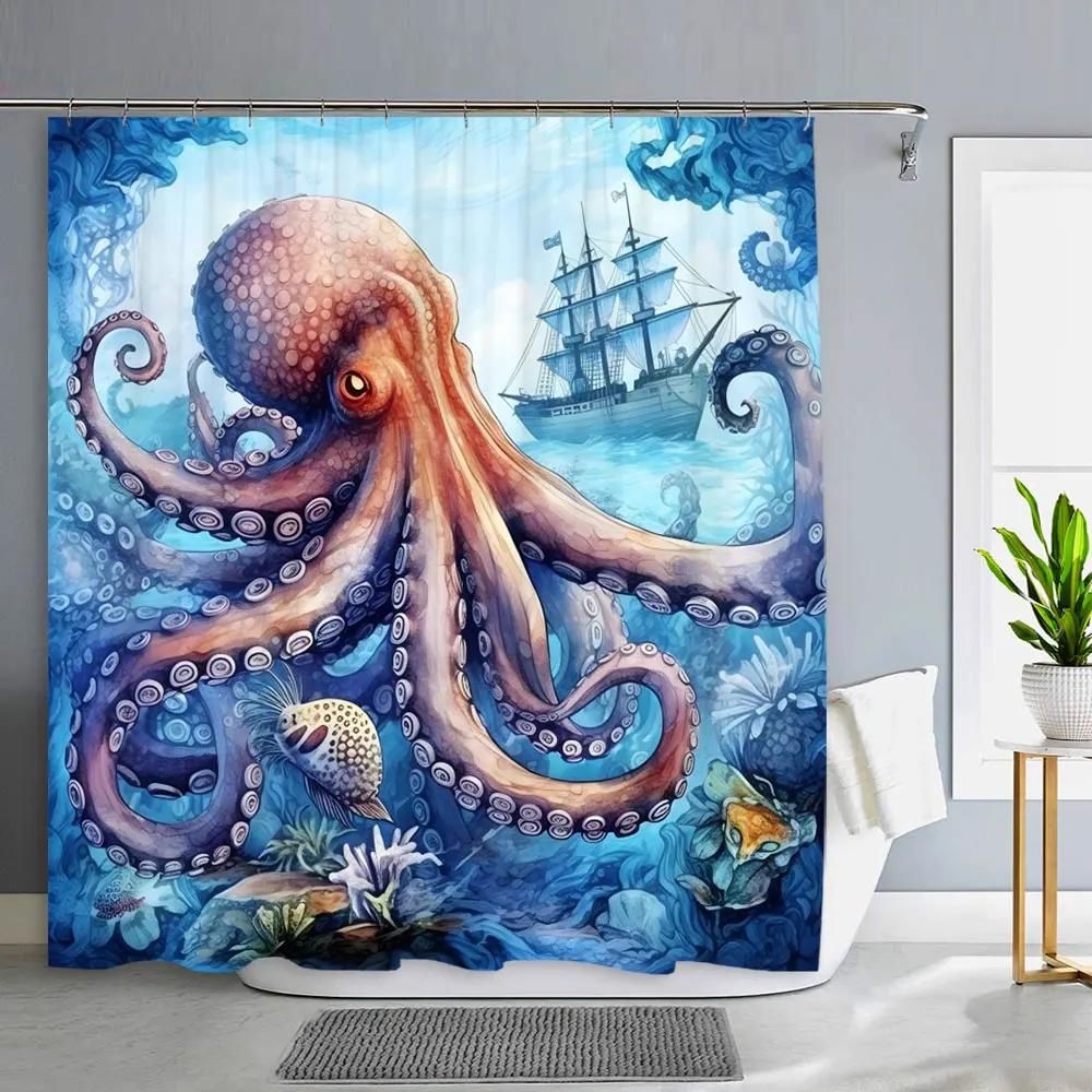 Ocean Animals Bathroom Curtains Watercolour Octopus Jellyfish Turtle Polyester Fabric Washable Shower Curtains Bathroom Decor