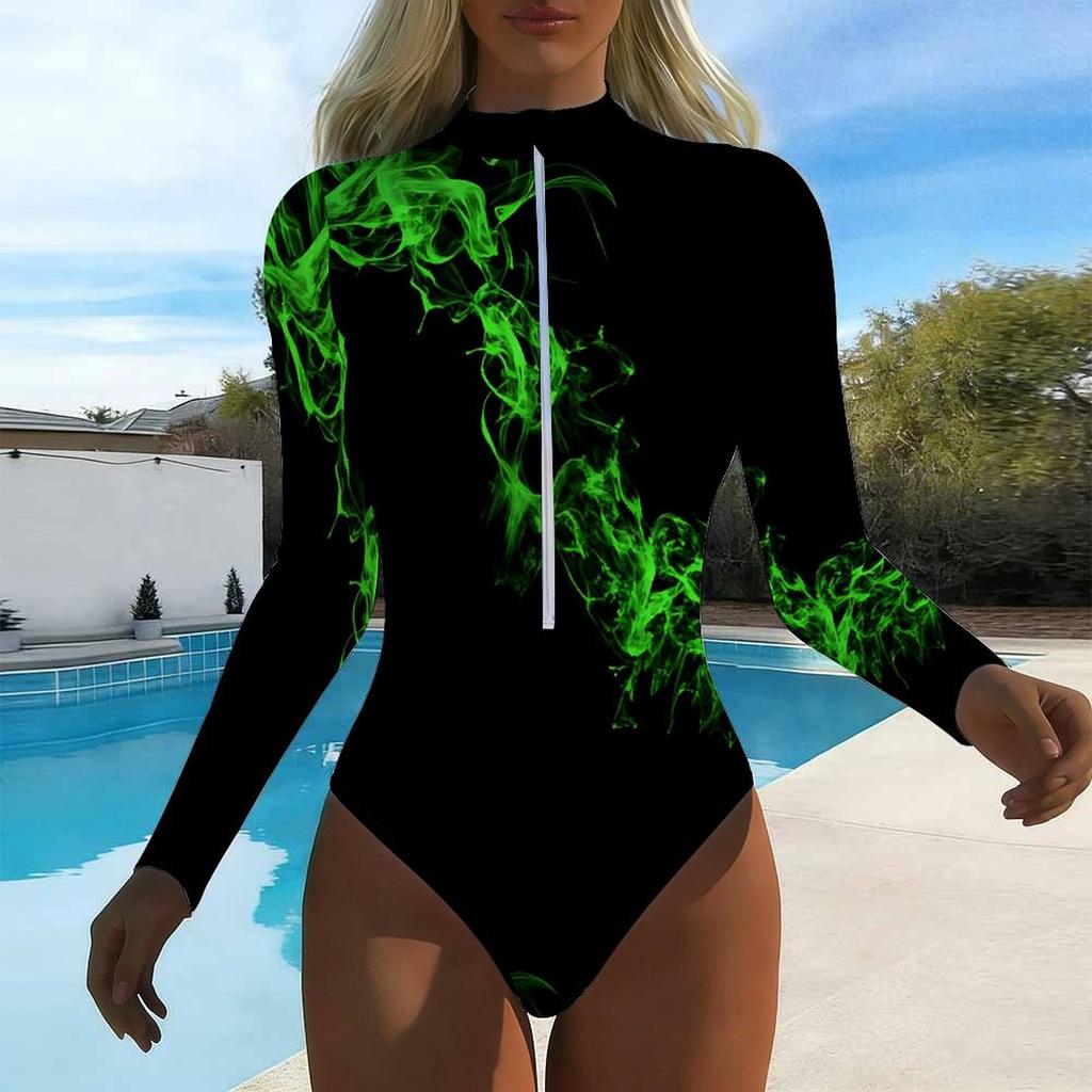 Women Long Sleeve One Piece Swimsuit Zip Front Fluid Splashed Paint Print Rash Guard Surfing Bathing Suit