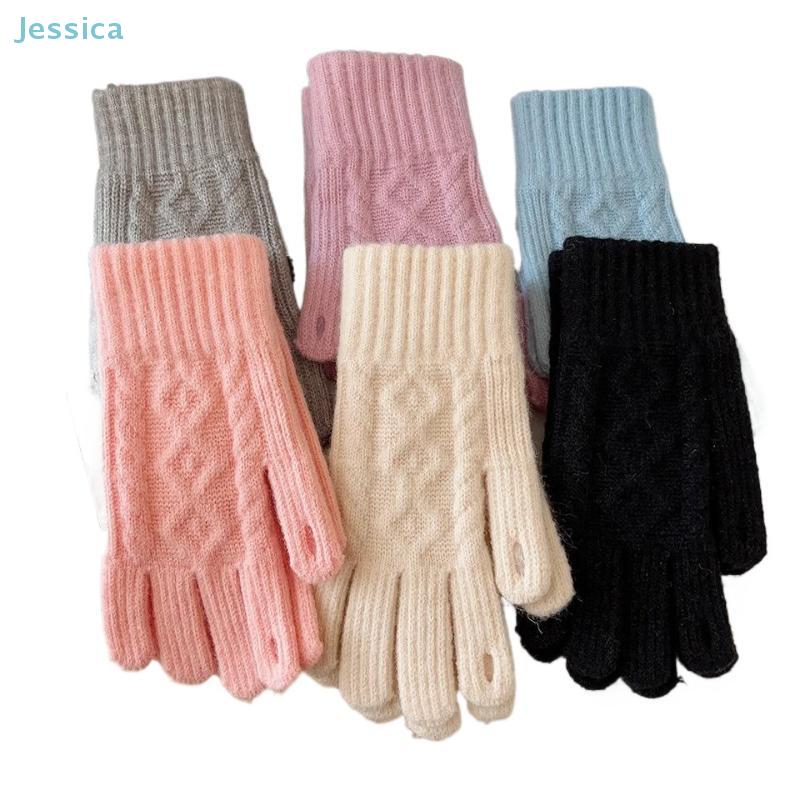 Trendy Knitting Warm Gloves Thicken Touch Screen Mittens Elastic Solid Color All Finger Gloves For Women Girls