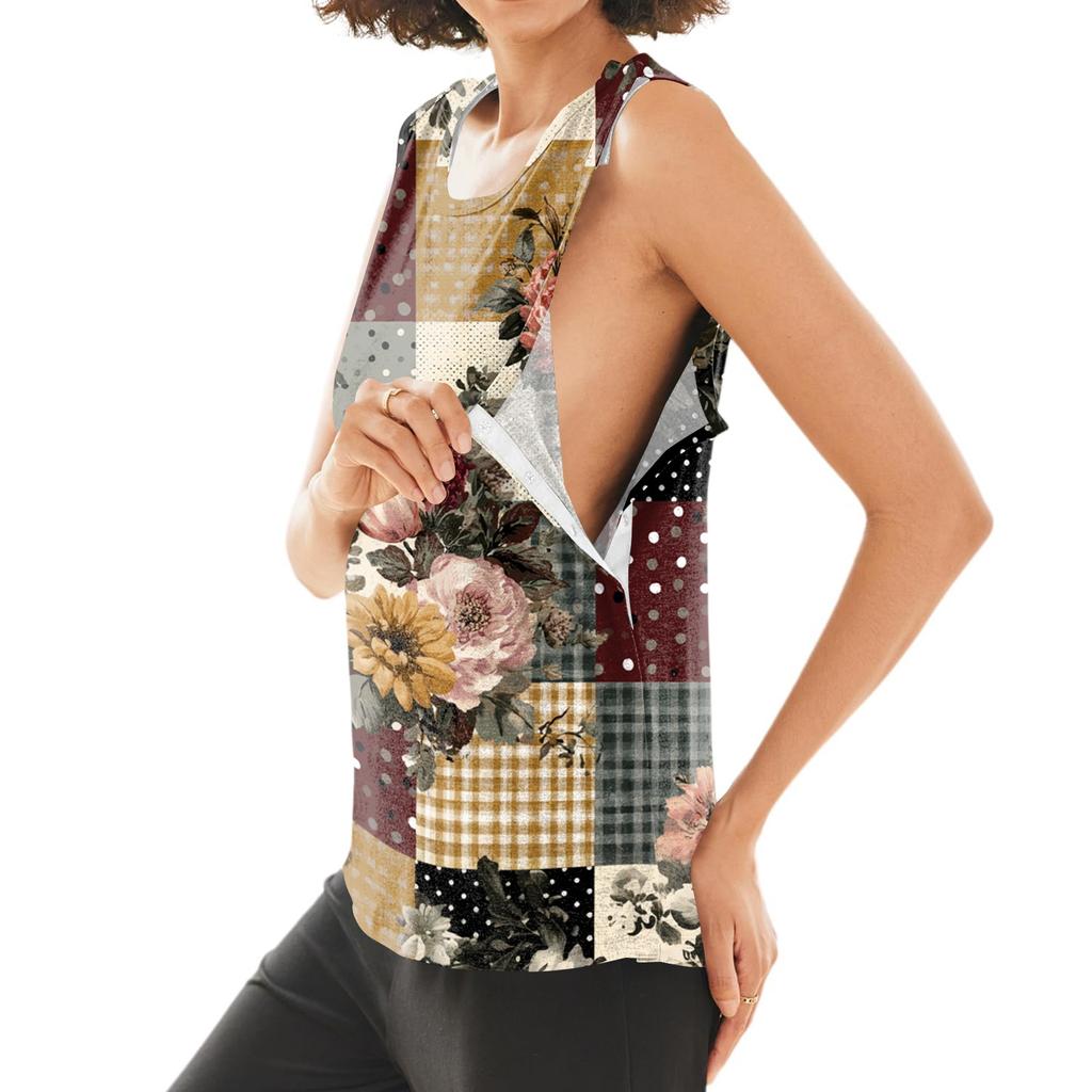 Women Shoulder Surgery Shirt Sleeveless Floral Print Top with Snap Buttons and Adjustable Cuff Design Postoperative Recovery Garment
