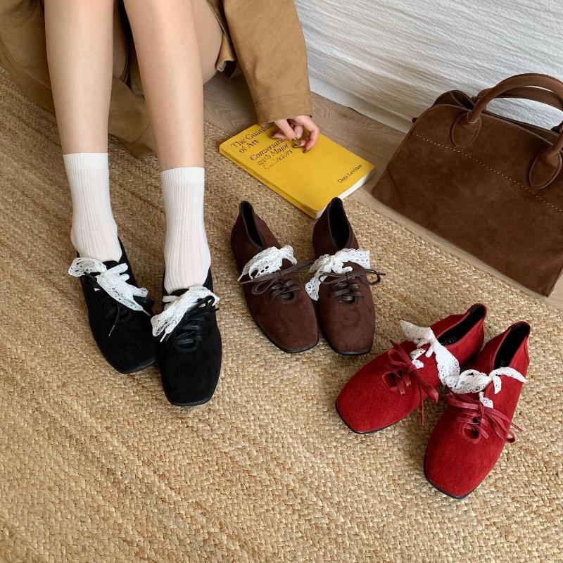 Fashion High Quality Faux Suede Flats Women Retro Square Toe Lace Up Bow Designer Shoes Comfortable Soft Sole Loafers Sandalias De Mujer