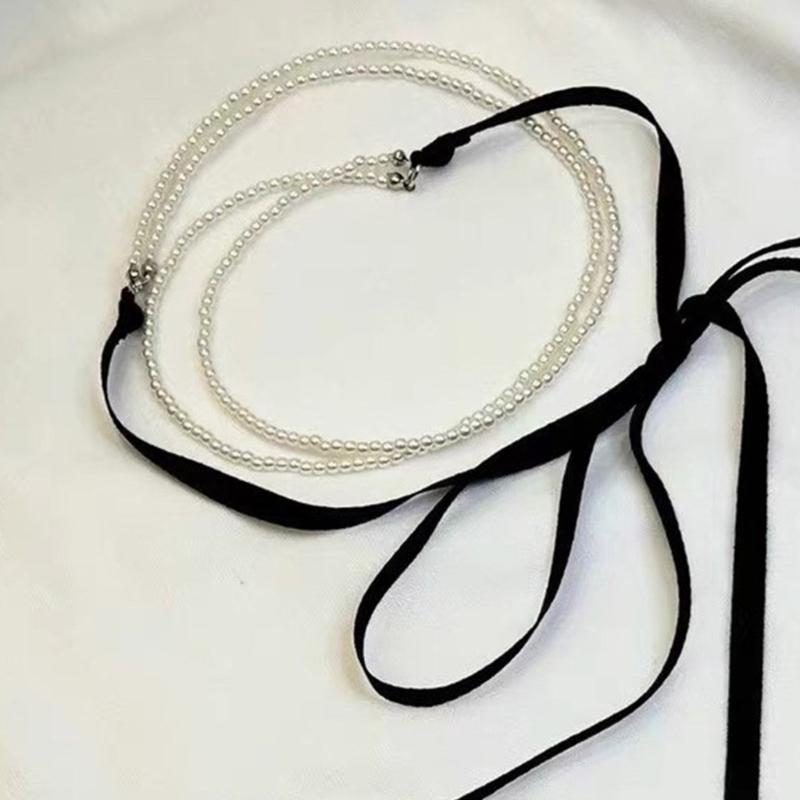 Chic Ribbon Necklace Pendant Necklace Double Layer Necklace Modern Beads Necklace Fashion Neck Jewelry for Fashion Look