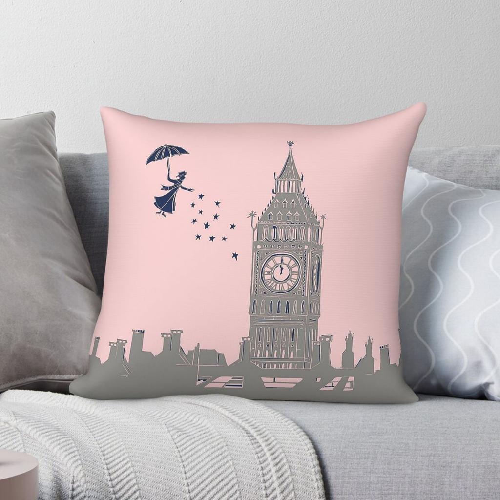 Mary Poppins Flying Over Big Ben Square Pillowcase Polyester Linen Velvet Pattern Zip Decor Pillow Case Sofa Cushion Cover