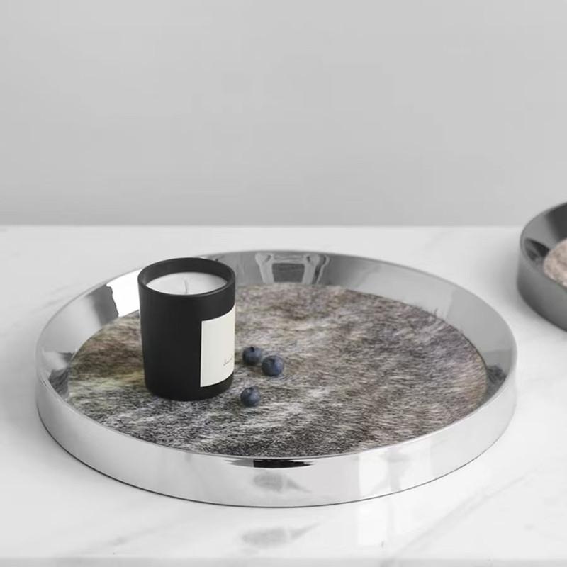 Nordic Luxury Stainless Steel Tray Round, Simulated Horsehair Storage Tray, Jewelry Storage Tray, Living Room Decoration