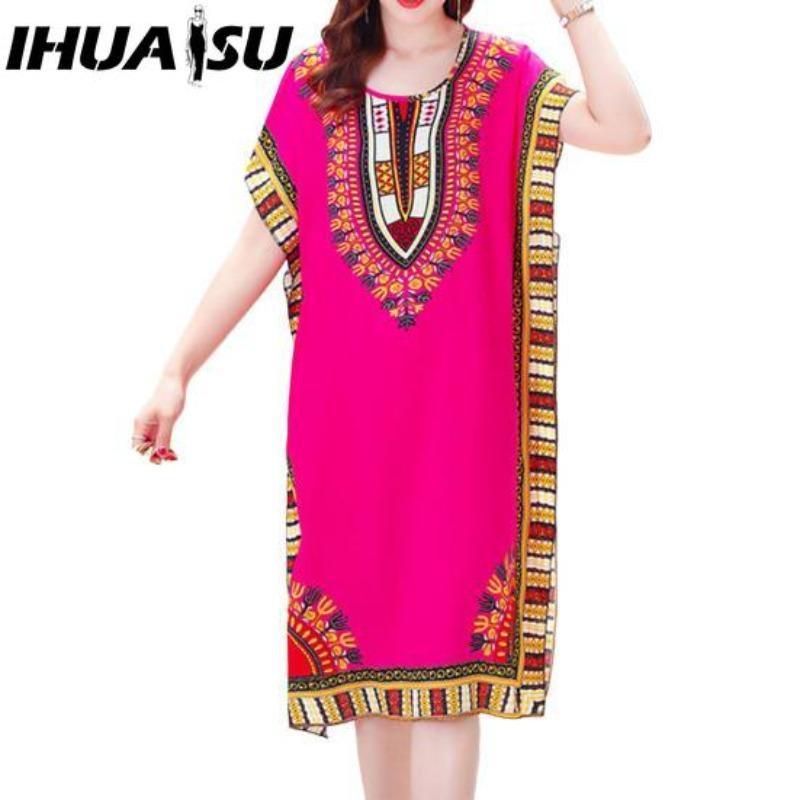 

IHUASU Летнее платье Геометрический принт Пуловер Один размер Шикарное женское платье миди для дома one size розы красного