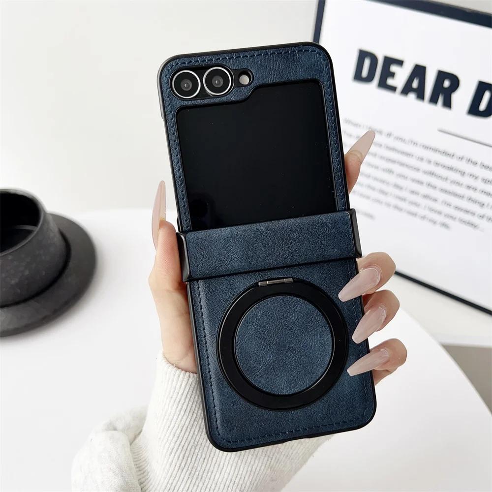Magnetic Rotating Bracket Phone Case for Samsung Galaxy Z Flip 6 5 4 Flip6 Flip5 Flip4 Flip3 5G Leather Hinge Protective Cover