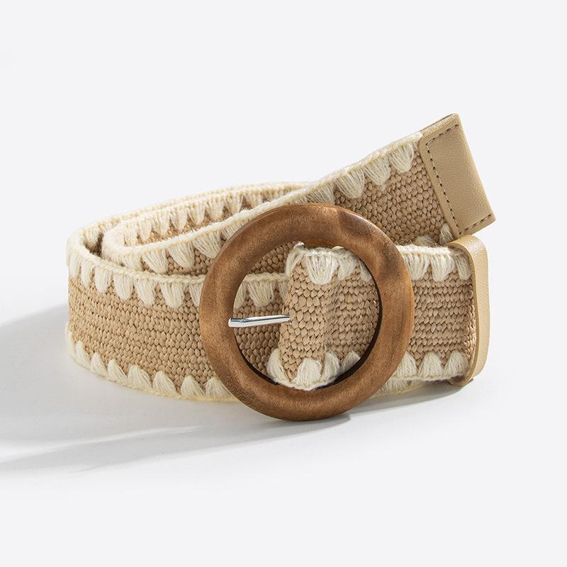 Bohemian Belt, Women's Straw-woven Woolen Decorated Round Wood Buckle Elastic Belt, Natural Vacation Style Belt