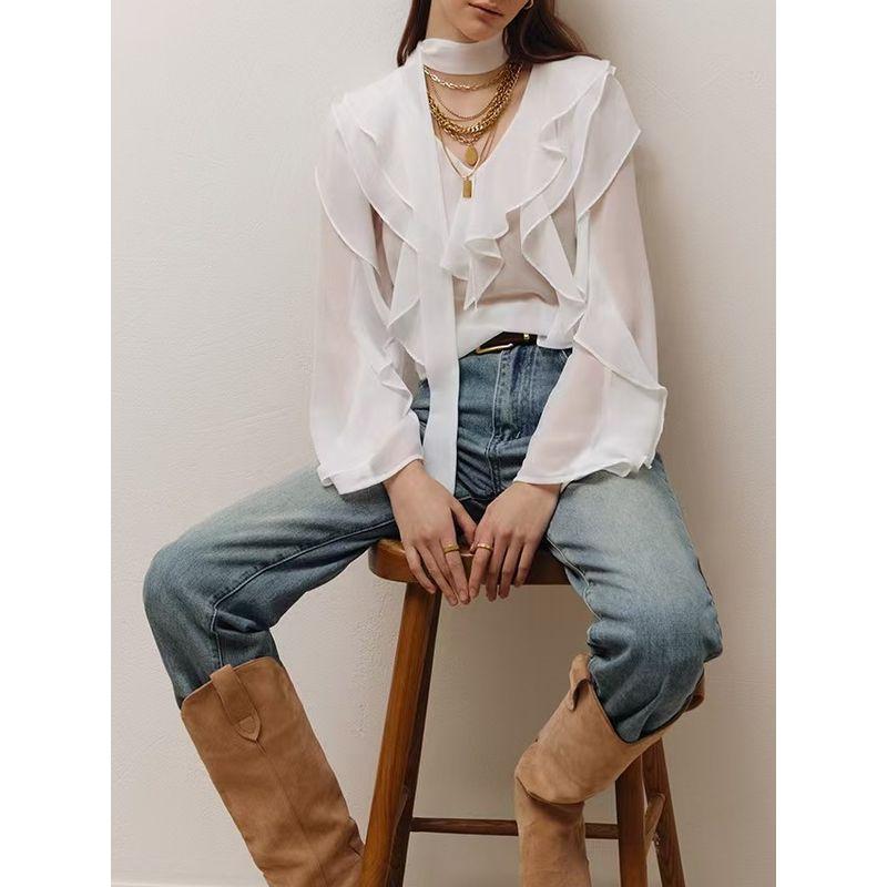 Fashion New Arrival V-neck Flounce Long Sleeves Loose Shirt Easiest for Match Tops V-Neck Lotus Leaf Shirt