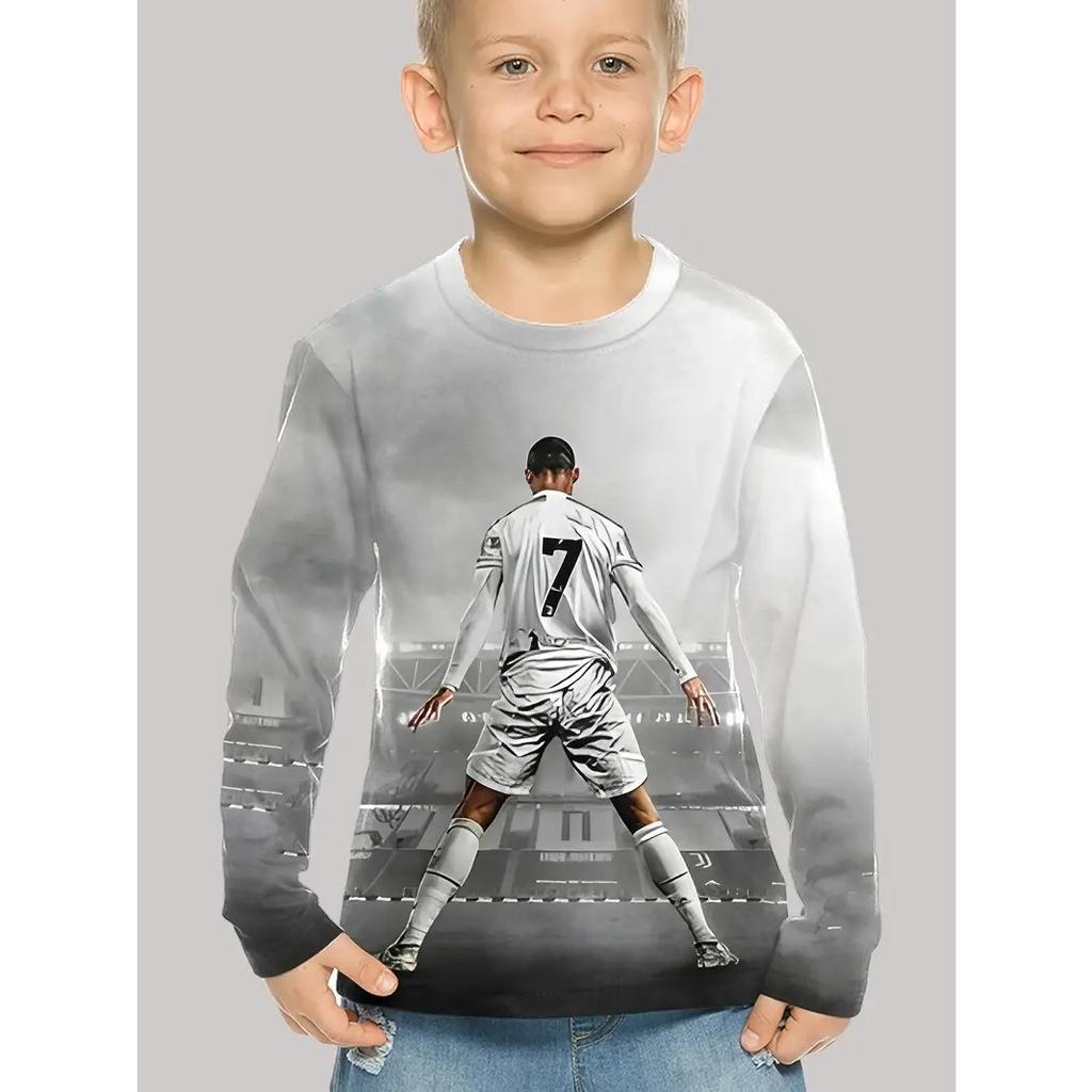 Jarní a podzimní tričko s kulatým výstřihem a 3D fotbalovým potiskem, módní ležérní dětské chlapecké tričko s dlouhým rukávem