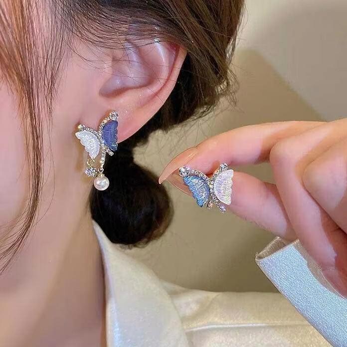 925 Silver Needle Green Red Butterfly Long Tassel Earrings For Women Jewelry Trending Korean Fashion Crystal Drop Earrings
