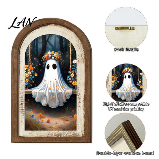 Halloween Entrance Cabinet Decor Ghost/Witch Arched Wall Decor, Cute Ghost Table Sign, Rustic Farmhouse Shelf Retro Room Decorative Hanging