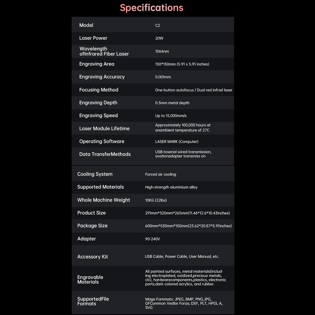 MR.CARVE C2 20W Fiberlaser Graver Håndholdt Logomarkør Autofokus og 0,001 mm Presis Nøyaktighet