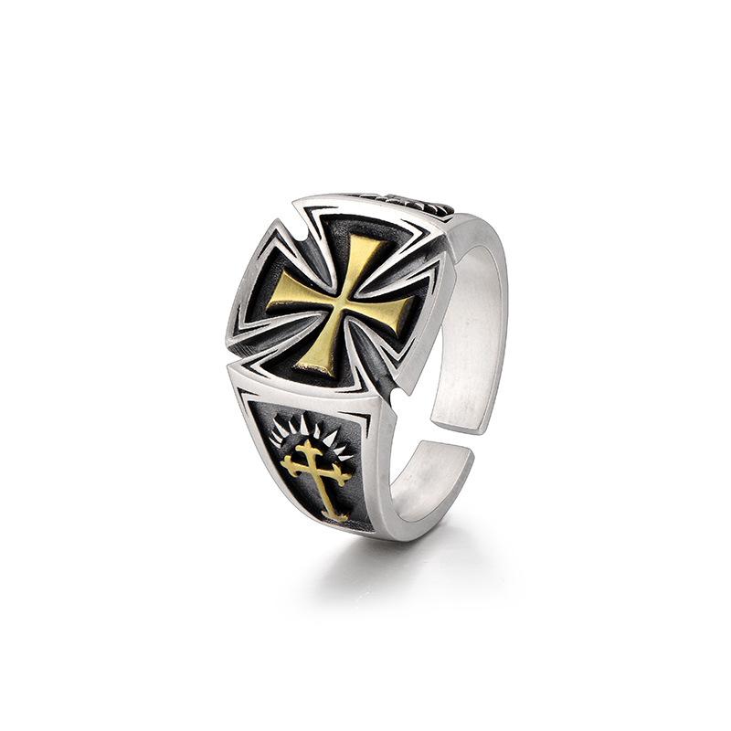 Retro Croix De Guerre Ring For Men Cross Accessories Zinc Alloy Color Punk Gothic Adjustable Open Ring Rock Handmade Unisex Zircon