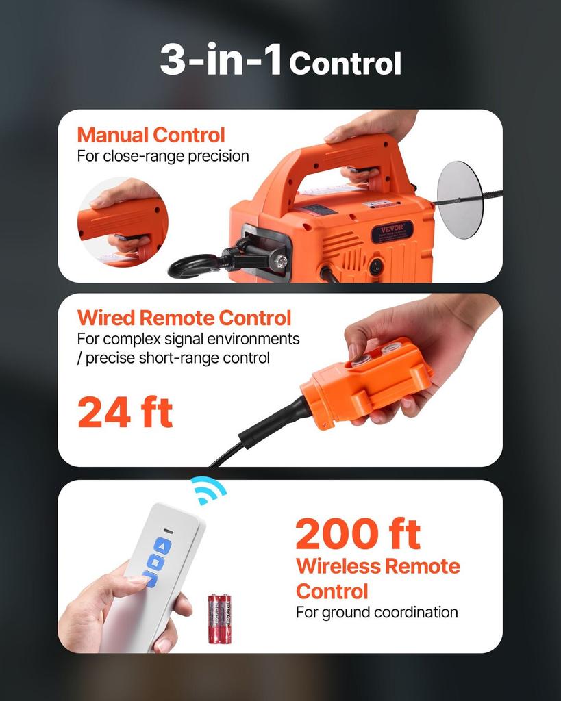 Wciągarka elektryczna 3 w 1, udźwig 700 kg, przenośna wyciągarka zasilana 1500W, wysokość podnoszenia 7,6 m, 5 m/min z instrukcją, pilotem przewodowym i bezprzewodowym