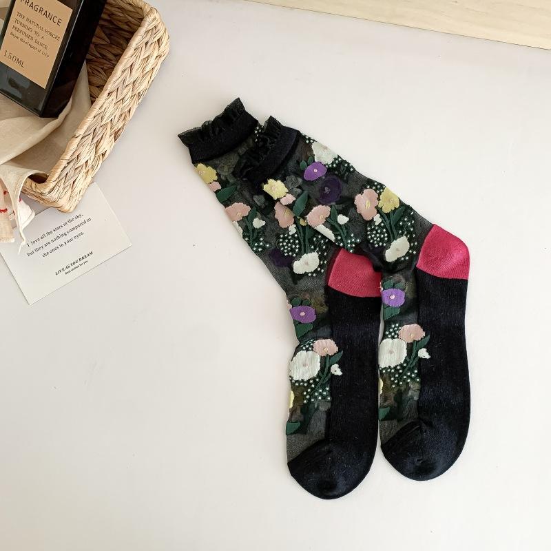 Crystal Silk Socks Women Summer Ultra-thin Transparent Elastic Nylon Long Socks Harajuku Vintage Floral Embroidery Kawaii Socks