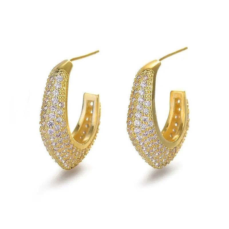Gold Plated Full Paved Cubic Zirconia C Shape Half Hoop Earrings Open Huggie Stud Earrings Women Sparkling Party Jewelry Gift