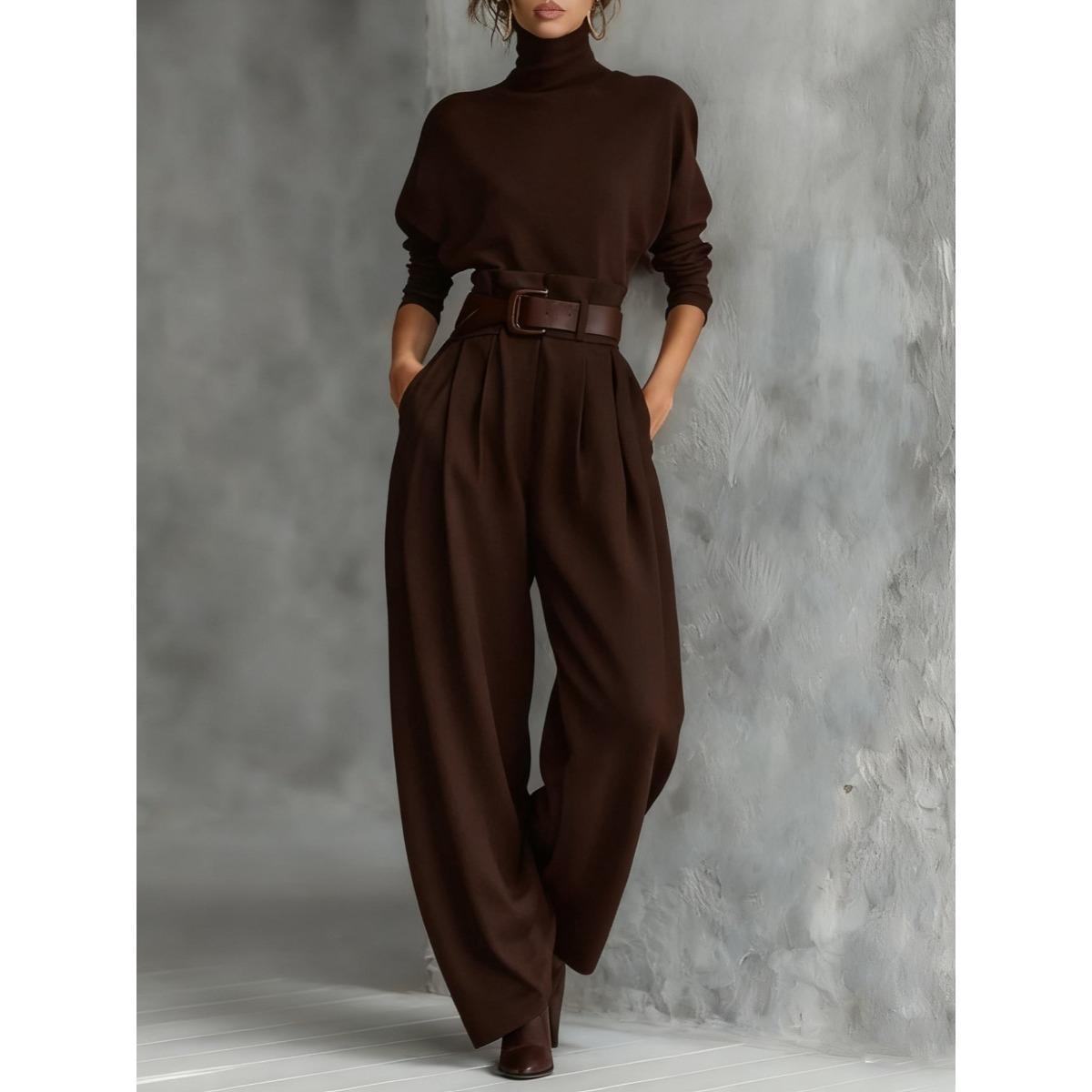 Damen High Neck Langarm Uni Strick Top Hohe Taille Weites Bein Hose Zweiteiliges Set Lässiges Pendler Outfit Für Frühling Herbst Tägliche Kleidung XL dunkelbraune