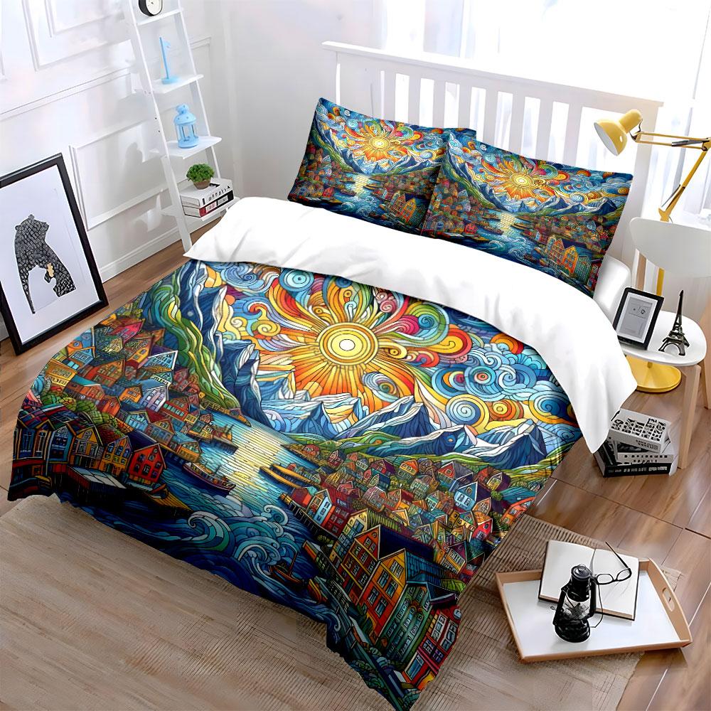 "Vibrant Landscape Art Prints Set" Bedding Set with 1 Duvet Cover 2 Pillowcases Single Double King Queen, Gift