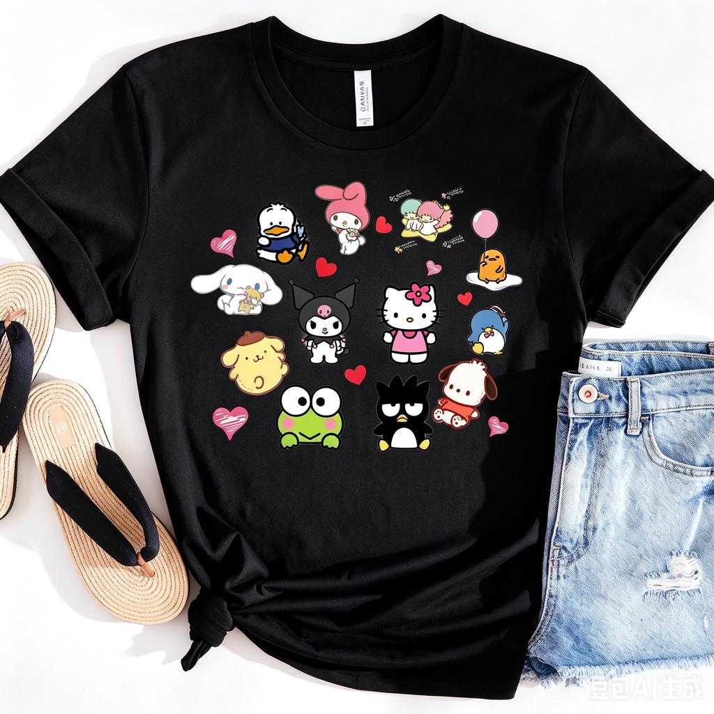 Kawaii Hello Kitty Kuromi Friends Love Print Oversized  Unisex Men Women Kids T-Shirt Cute Gifts Tee