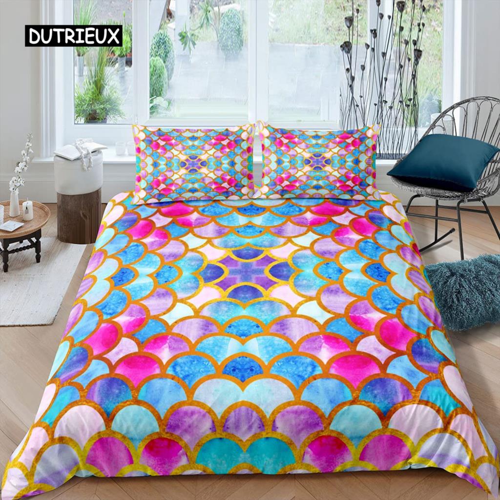 Fish Scales Duvet Cover Set Bedding Set Colorful Mermaid Scale Quilt Cover Pillowcase Queen Size Girls 2/3pcs Comforter Cover