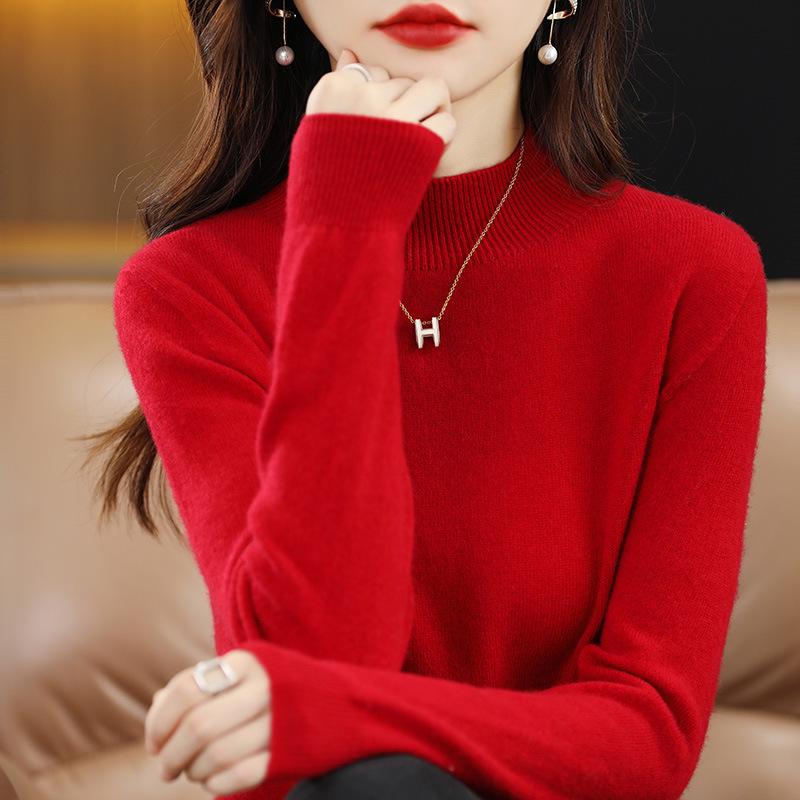 Women's Slim-Fit High Neck Wool Sweater - Autumn/Winter 2023 Collection, Solid Color, Base Layer