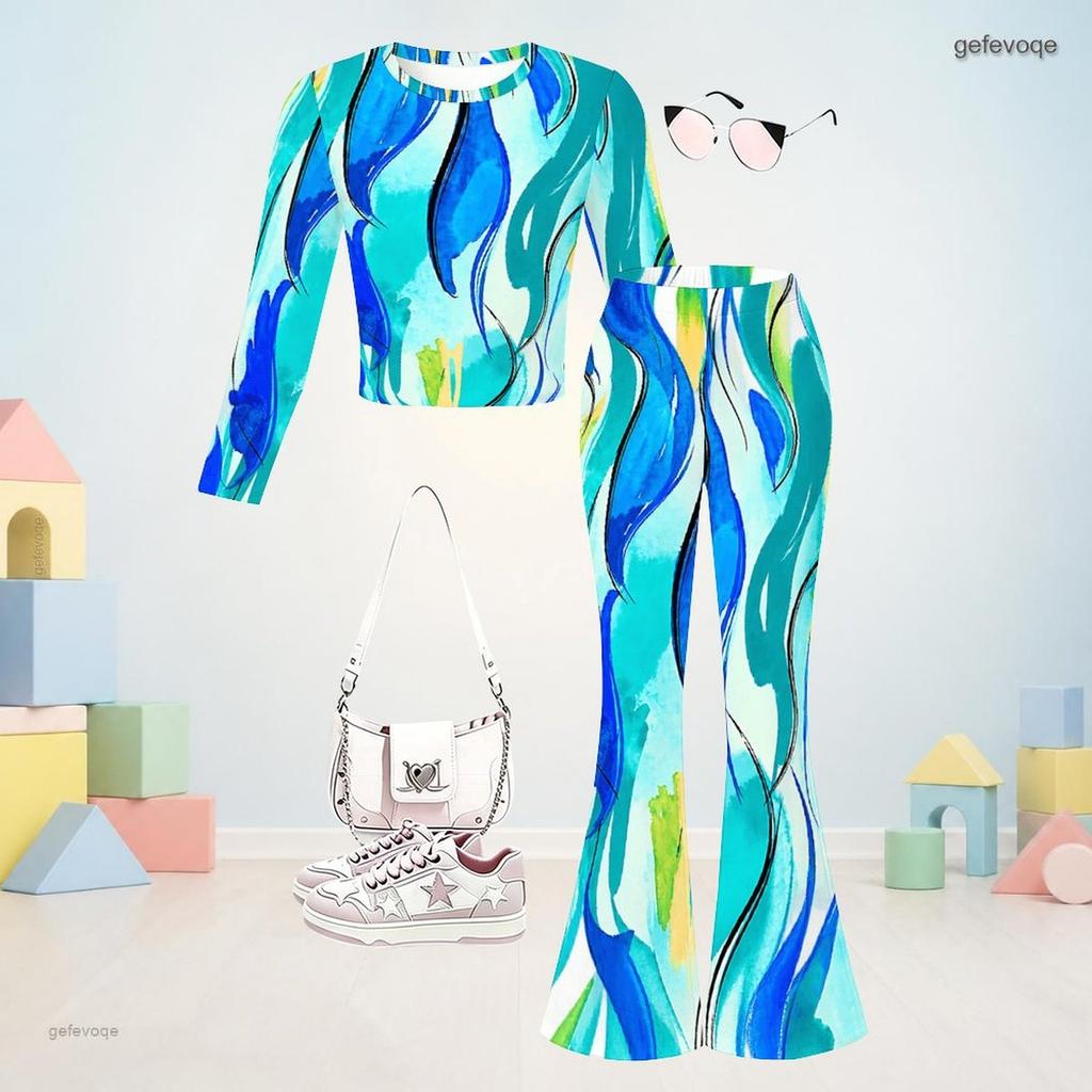 Girls Round Neck Long Sleeve Blue Pink Printed Flared Pants Two Piece Outfit