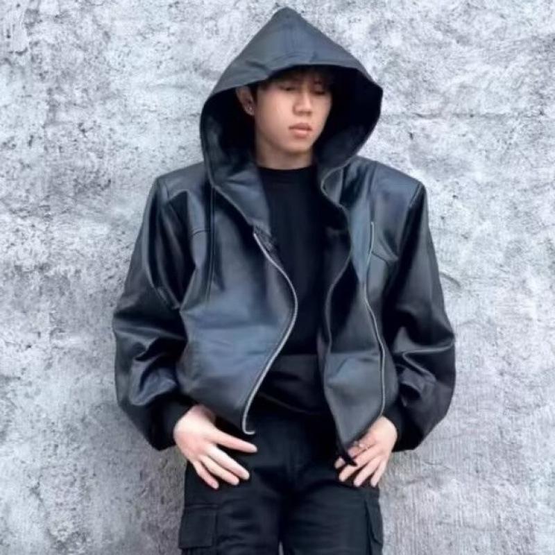 Men's Trendy Black PU Leather Hooded Jacket with Oblique Zipper - Korean Style for Spring and Autumn