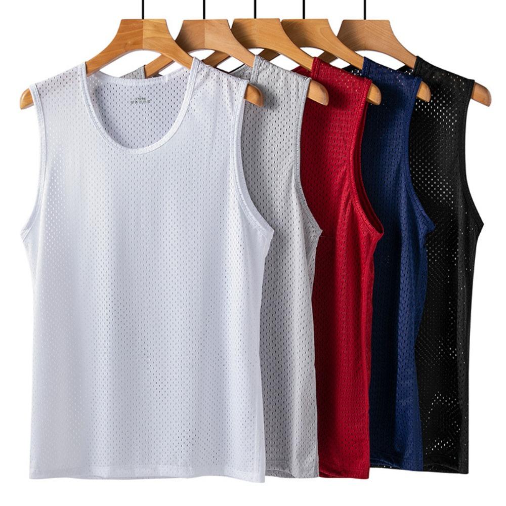 2026 Men Tank Tops Mesh Hollow Out Solid O-Neck Sleeveless Streetwear Male Vests Transparent Summer Fashion Men Clothing