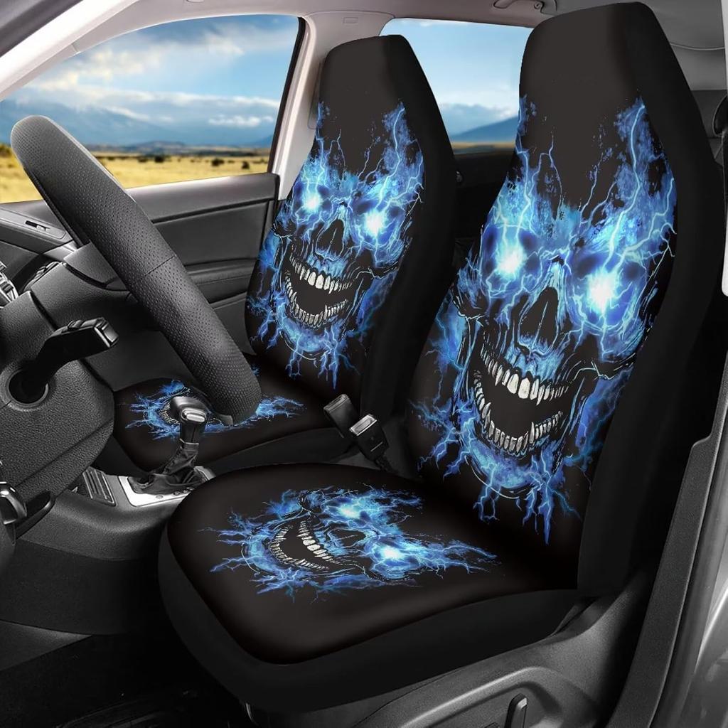 Bulopur Cute Black Gray Skull Set of 2 Car Seat Covers Universal Auto Front Seats Protector Fits for Car,SUV Sedan,Truck