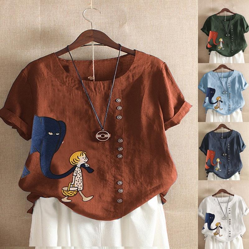 Damen Cartoon Blumen Oberteile Damen Sommer Locker Bluse T-Shirts Übergröße