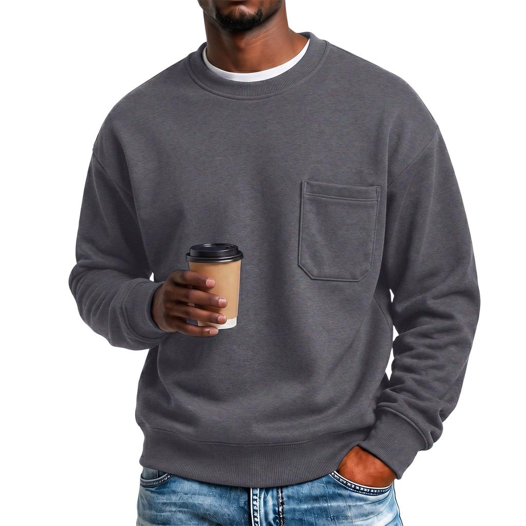 Men's Color -Lined Long Sleeve Neck Sweatshirt with Pocket for Fall and Winter