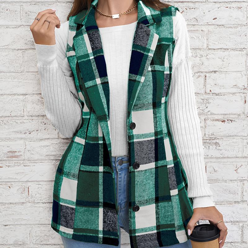 Fashion Lapel Suit Vest Plaid Jacket Plaid Sleeveless Vest Loose Large Size Female Elegant Style All-match Sleeveless Single-breasted Cardigan