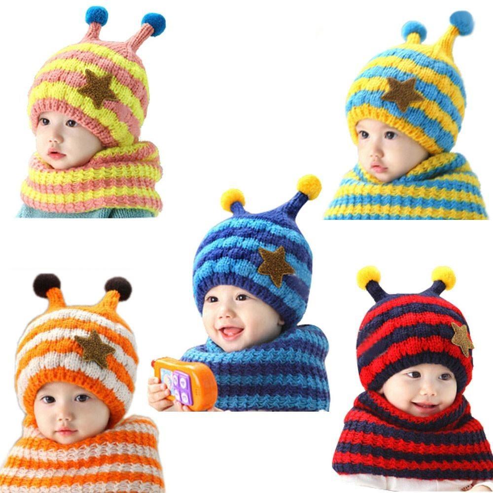 Winter Kids Hat With Plush Ear Protection Big Five-pointed Star Hat Scarf Set Striped Woolen Material Blue Yellow Orange Red Pink