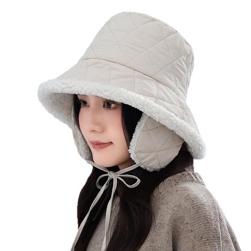 Fleece Diamond Plaid Fisherman Hat Japanese Windproof and Warm Ear Protection Hat Versatile Face Showing Small Lei Feng Hat