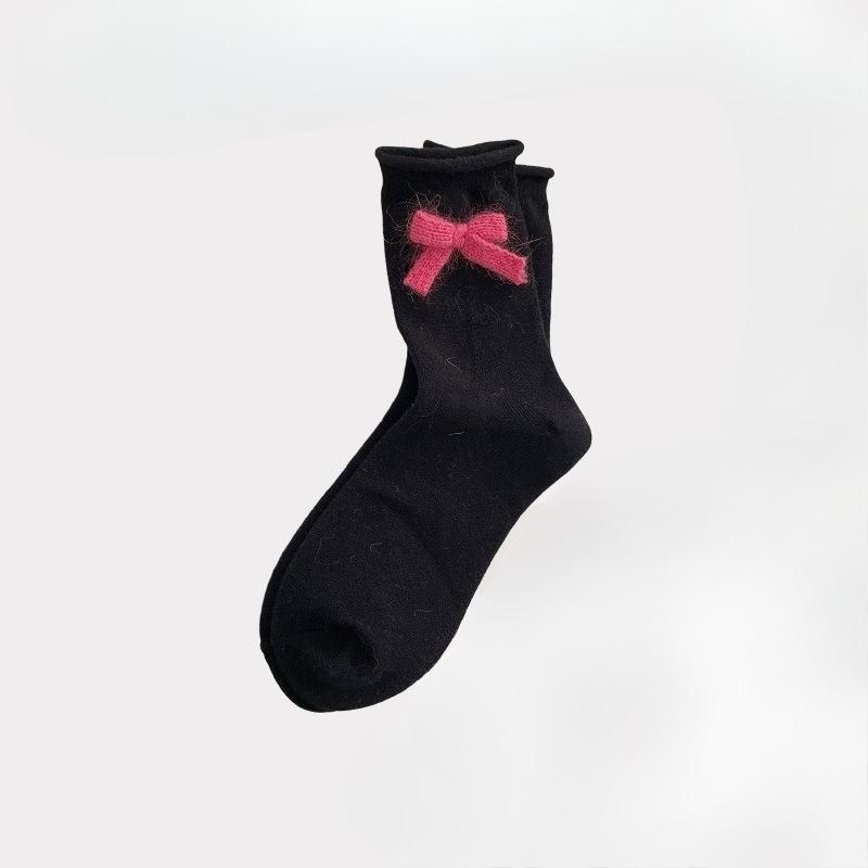 

Women s Autumn Winter Thickened Warm Knit Bow Wool Medium Tube Stack Socks 1 pair чёрный