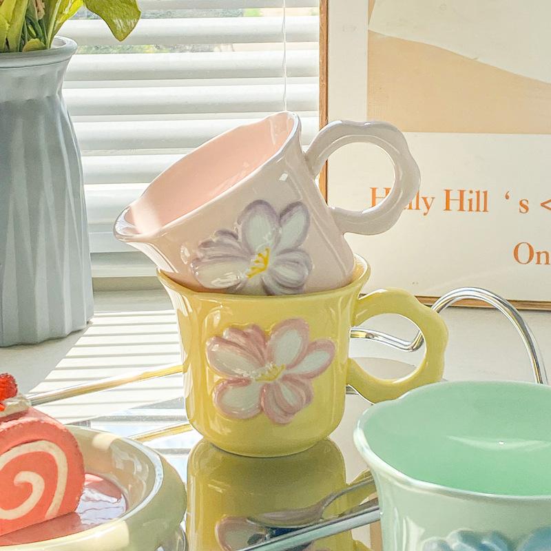 Ins Style High Value Flower Mug Girls Office Ceramic Drinking Cup Korean Coffee Cup Milk Cup
