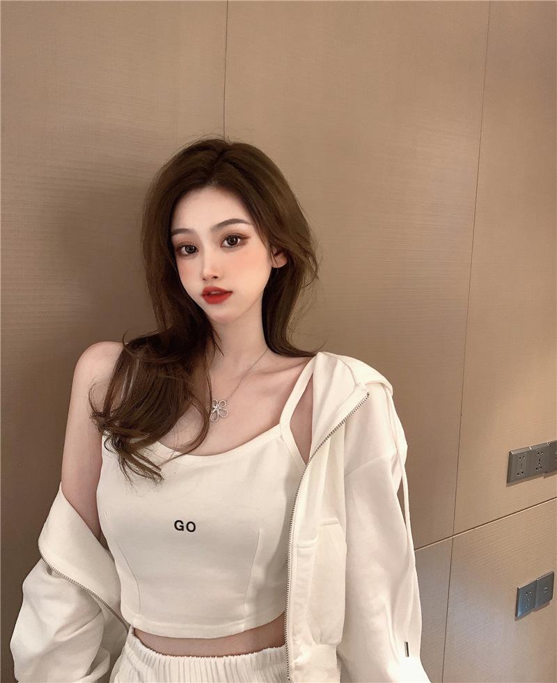 2024 Spring Hong Kong Style Women's Casual Three-Piece Sportswear Set: Long Pants, Zipper Hoodie, Camisole.